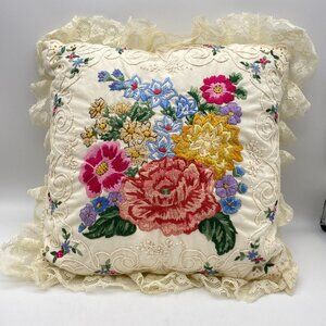 Floral embroidered coquette throw pillow cottage core handmade flowers cabin cor